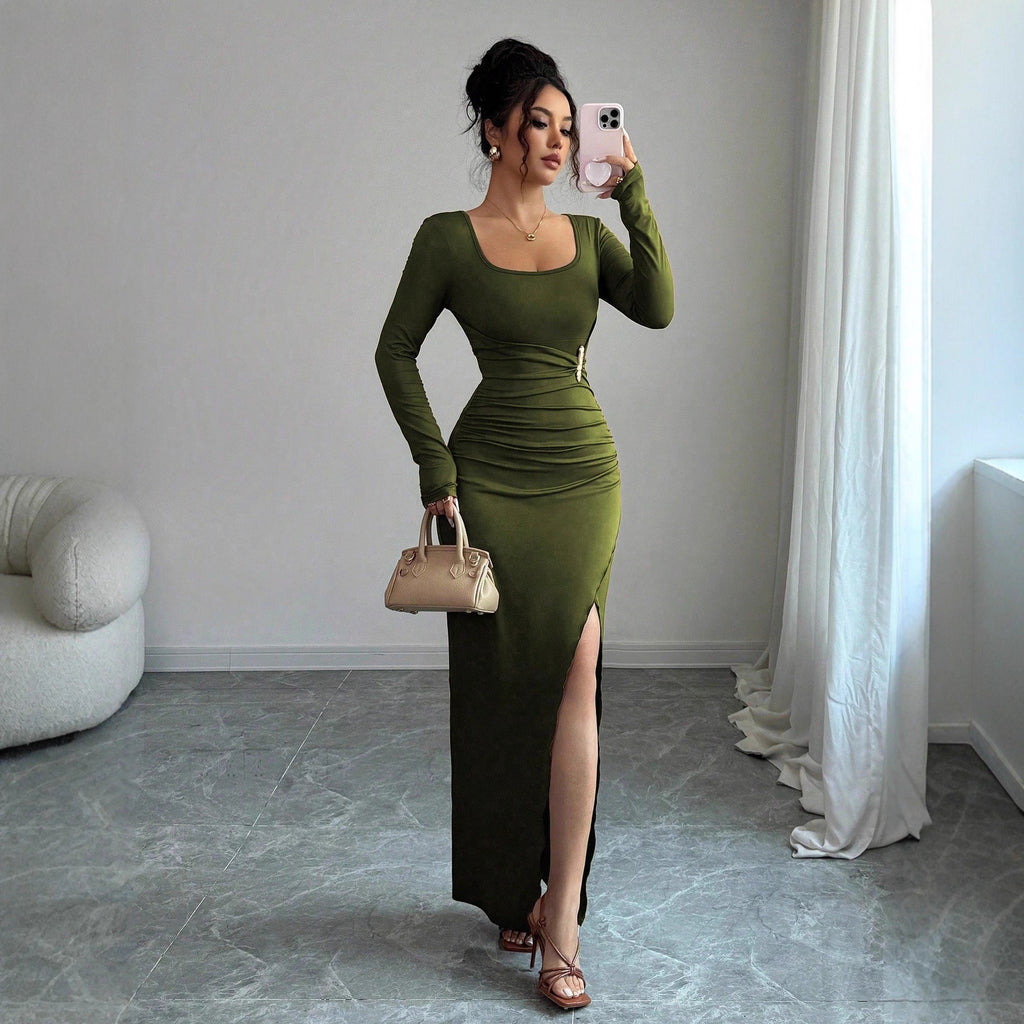 Women's Sienna Ruched Slit Maxi Dress - Army Green