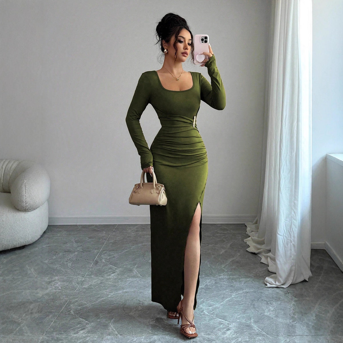 Women's Sienna Ruched Slit Maxi Dress - Army Green