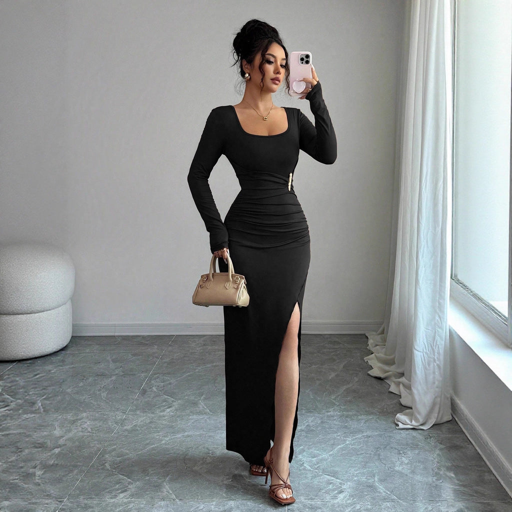 Women's Sienna Ruched Slit Maxi Dress - Black