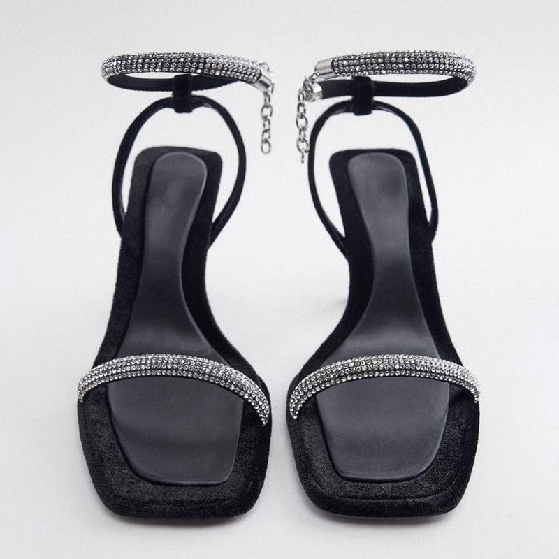 Rhinestone Square Toe Heels