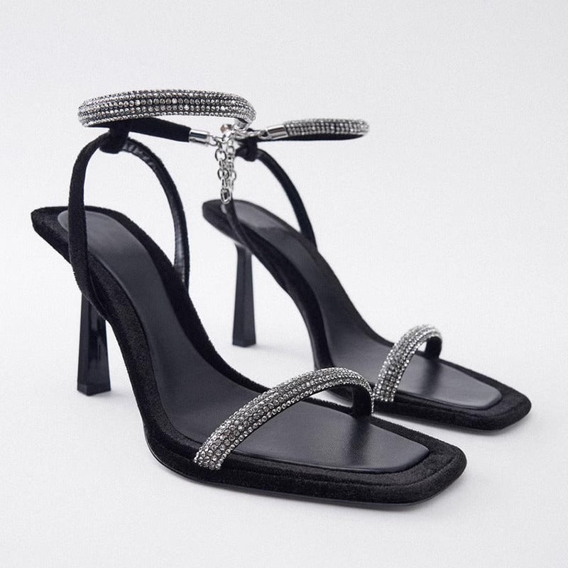 Rhinestone Square Toe Heels