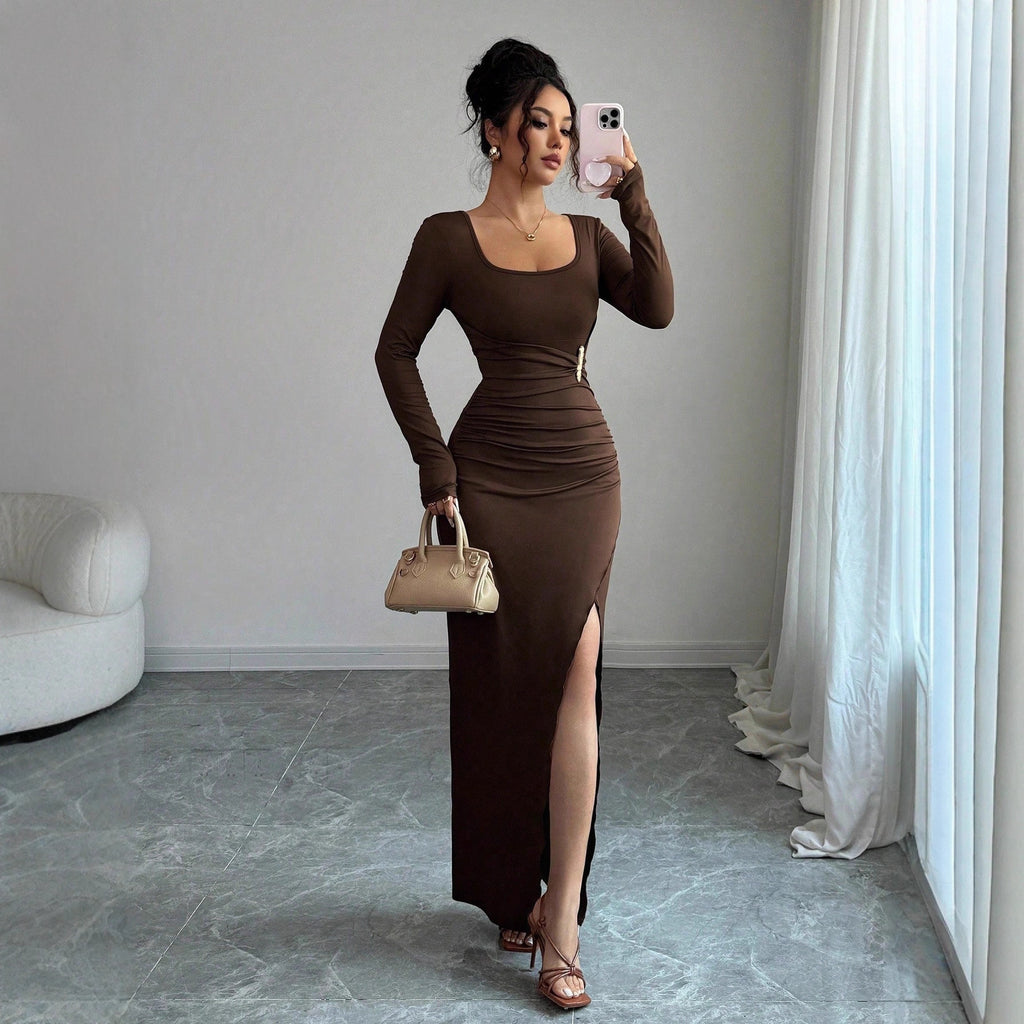 Women's Sienna Ruched Slit Maxi Dress - Coffee