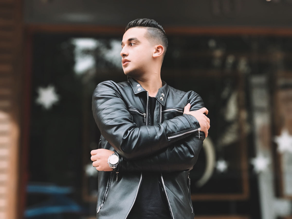 Man in black leather jacket